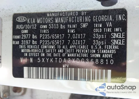 2013 Kia Sorento Lx V6 из США, поврежденный, VIN 5XYKTDA2XDG368810